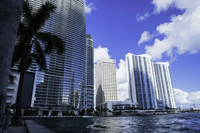 Miami skyline across Biscayne Bay on a sunny day